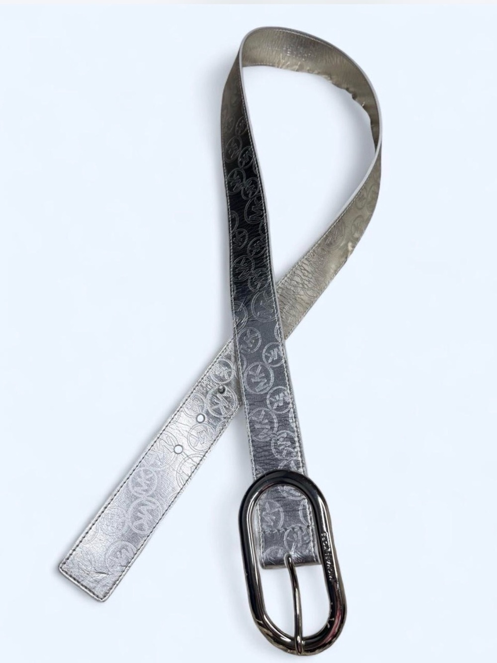 Michael Kors Silver Logo Embossed Leather Belt